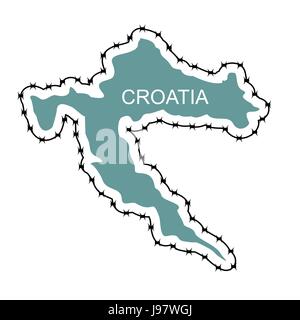 Map Of Croatia. Country closes   border against refugees. Map of States with barbed wire. European country protects its borders. Surrounded by  perime Stock Vector