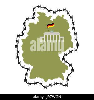 Map Of Germany. Map of States with barbed wire. Country closes border against refugees. European country protects its borders. German flag. Surrounded Stock Vector