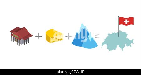 Symbols of Switzerland. Mathematical formula: Bank and cheese plus Alps as well the map and flag of Switzerland. Vector illustration Stock Vector
