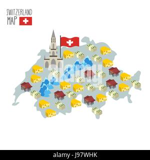 Map of Switzerland. Attraction of Berne Cathedral. Characteristics and symbols of country: cheese and banks, money and  Alps. Vector illustration Stock Vector
