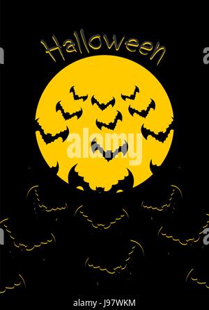 Halloween. Bats and moon. Bunch of scary animals flies from yellow planet. Terrible night sky Stock Vector