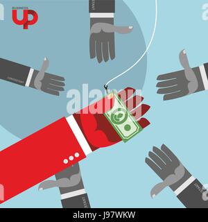 first among competitors. Money on a hook. hand is holding the money. Hands are drawn to money. Business illustration. Stock Vector