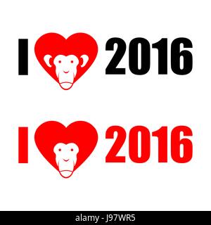 I love year 2016. New year of monkey. Symbol of heart as head monkey. Eastern symbol of new year 2016. Stock Vector