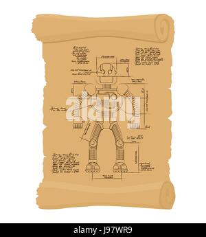 Drawing Robot Ancient scroll. Retro scheme of Technological machine cyborg. Archaic architectural project. Design of Android on ancient papyrus. Histo Stock Vector
