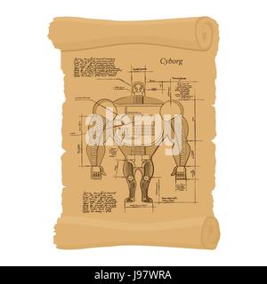 Old scheme of cyborg. Ancient scroll of human Scheme of  robot. Archaic architectural project. Design of Android on ancient papyrus. Secret Invention  Stock Vector