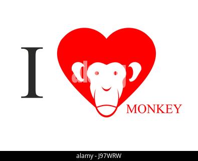 I love monkey. Heart symbol in form of head monkey. Chinese new year exhibit. East traditional animal. Stock Vector