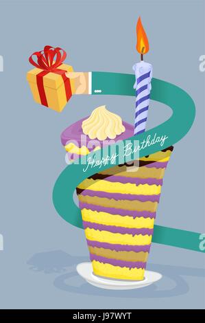 Template for Happy birthday card . Happy birthday card. Hand gives you a gift. Long arm around the cake. High big cake, lots of layers. Stock Vector
