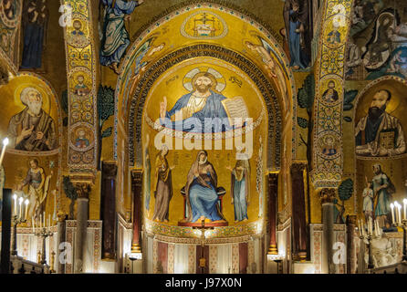 Medieval Byzantine style mosaic of Christ Pantocrator above the altar of the Palatine Chapel (Cappella Palatina) Stock Photo