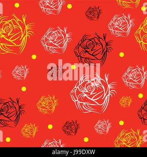 Seamless pattern with yellow, white and black roses on red background vector illustration Stock Vector