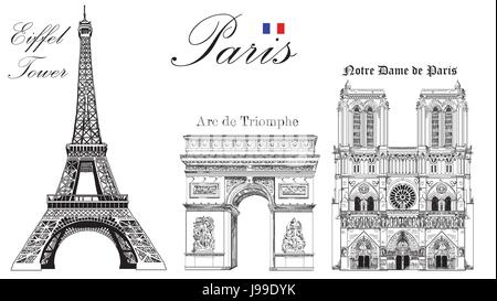 Vector Eiffel Tower, Triumphal Arch and Notre Dame Cathedral vector hand drawing image Stock Vector
