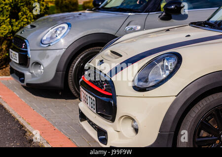 Two Mini Cooper S front bonnets and air intake vents.  One Moonwalk Grey, one Pepper White with black stripes Stock Photo