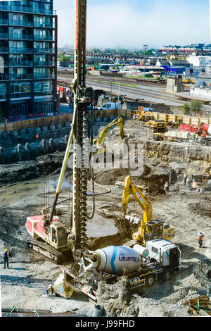 Spiral drill threads of an auger pile drill at a building site. Stock Photo