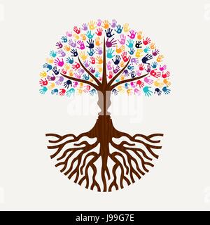 Tree made of colorful hand print art with human faces silhouette. Diverse community concept for social help, environment or charity. EPS10 vector. Stock Vector