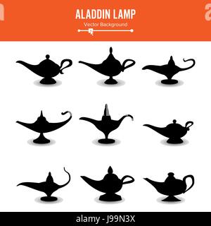 Aladdin lamp Vector. Set Icons Aladdins lamp Signs. Illustration Of Wish And Mystery Souvenir Stock Vector