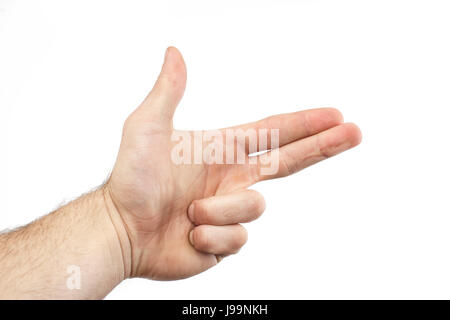 Hand making a gun gesture isolated on white background. Shooting two fingers Stock Photo