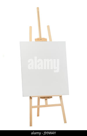 Wooden easel with blank canvas on white background Stock Photo