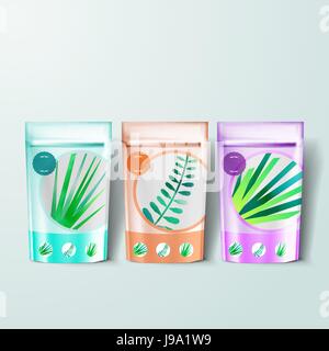 Mockup template for branding and product designs. Isolated realistic plastic flow pack with unique design. Easy to use for advertising branding and ma Stock Vector