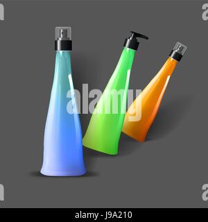 Mockup template for branding and product designs. Isolated realistic plastic bottles with dispenser spray and unique design. Stock Vector
