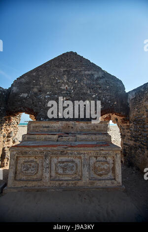 Remnants of the old Dhanushkodi church. Dhanushkodi was destroyed in a devastating cyclone in the year 1964 and popularly known as Ghost city. Stock Photo