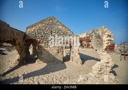 Remnants of the old Dhanushkodi church. Dhanushkodi was destroyed in a devastating cyclone in the year 1964 and popularly known as Ghost city. Stock Photo