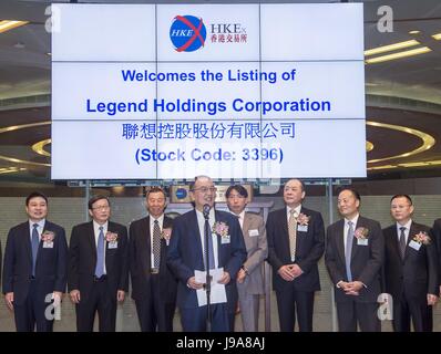 Hong Kong, China. 29th June, 2015. The listing of Legend Holdings Corporation is held at the Hong Kong Stock Exchange in Hong Kong, south China, June 29, 2015. July 1, 2017 marks the 20th anniversary of Hong Kong's return to the motherland. Credit: He Jingjia/Xinhua/Alamy Live News Stock Photo