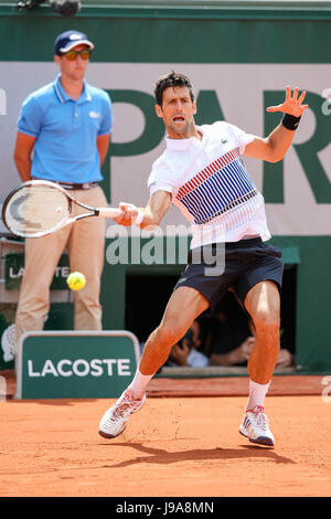 Paris, France. 31st May, 2017. Novak Djokovic (SRB) Tennis : Novak Djokovic of Serbia during the Men's singles second round match of the French Open tennis tournament against Joao Sousa of Portugal at the Roland Garros in Paris, France . Credit: AFLO/Alamy Live News Stock Photo