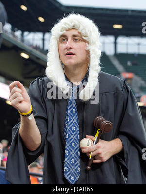 Alek Bernold of Utica, New York, wearing a traditional judge's wig and robe, cheers for New York Yankees right fielder Aaron Judge (99) prior to the game against the Baltimore Orioles at Oriole Park at Camden Yards in Baltimore, MD on Tuesday, May 30, 2017. Credit: Ron Sachs / CNP (RESTRICTION: NO New York or New Jersey Newspapers or newspapers within a 75 mile radius of New York City)   - NO WIRE SERVICE - Photo: Ron Sachs/Consolidated/dpa Stock Photo