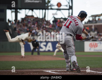 San Francisco, California, USA. 31st May, 2017. Washington Nationals first baseman Ryan Zimmerman (11) takes a swing on a pitch from SF's Matt Cain (18), during a MLB baseball game between the Washington Nationals and the San Francisco Giants on Japanese Heritage Night at AT&T Park in San Francisco, California. Valerie Shoaps/CSM/Alamy Live News Stock Photo