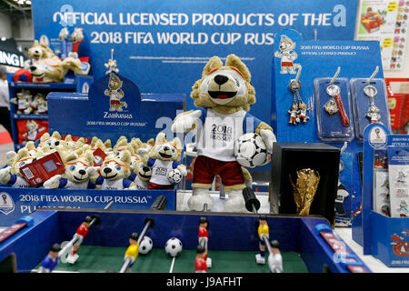Samples of 2018 FIFA World Cup Russia toys on display at the International Tokyo Toy Show 2017 in Tokyo Big Sight on June 1, 2017, Tokyo, Japan. Japan's biggest exhibition for the toy industry showcases some 35,000 toys from 153 toy makers from Japan and overseas. The show runs from June 1st to 4th. Credit: Rodrigo Reyes Marin/AFLO/Alamy Live News Stock Photo