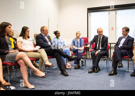 Kingston, UK. 1st June, 2017. Tim Farron, Liberal Democrat leader, and Nick Clegg meet a ‘Brexit Support Group’ set up after the referendum for staff members from the European Union during a visit to Kingston Hospital with local Liberal Democrat candidates Ed Davey and Sarah Olney. Credit: Mark Kerrison/Alamy Live News Stock Photo