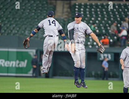 Baltimore, United States Of America. 11th July, 2018. New York Yankees  shortstop Didi Gregorius (18) and New York Yankees second baseman Tyler Wade  (12) celebrate following their team's 90 - 0 win