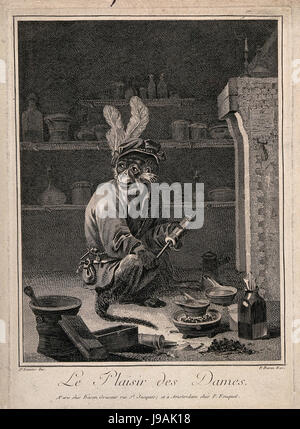 A monkey holding a clyster in an apothecary's shop; satirizi Wellcome V0011663 Stock Photo