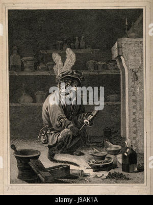 A monkey holding a clyster in an apothecary's shop; satirizi Wellcome V0011930 Stock Photo