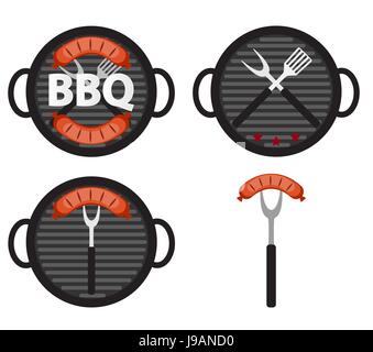 BBQ Icon Set with Grill Tools and Sausage. Vector Illustration Stock Vector
