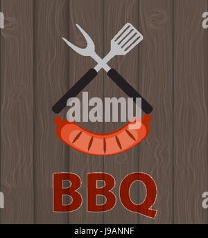 BBQ Icon with Grill Tools and Sausage on Wooden Background. Vector Illustration Stock Vector