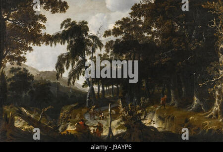 Wooded Landscape with Travellers and Huntsmen... by Jan Looten Stock Photo