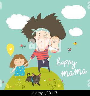 Tired mother walking with her kids Stock Vector