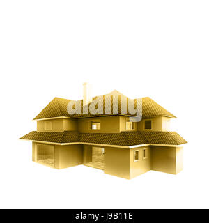 Golden colored model House, isolated against the white background. Real estate concept. 3d Stock Photo
