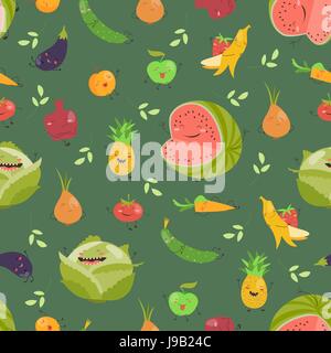 Seamless background with fruits and vegetables on green background Stock Vector