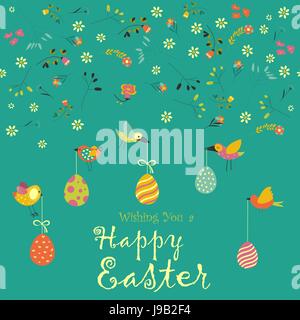 Card with decorative eggs and birds Stock Vector