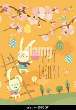 Funny easter bunnies with flowering branches Stock Vector