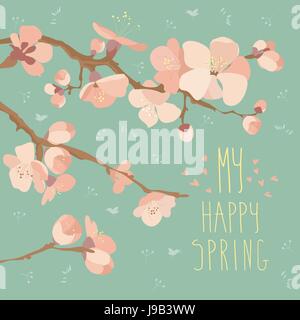 Card with spring flowers on tree branch Stock Vector