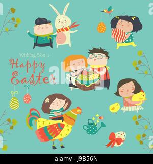 Characters and icons on the Easter theme in cartoon style Stock Vector