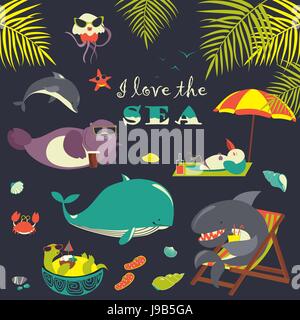 Vector set of cute sea animals on resort Stock Vector