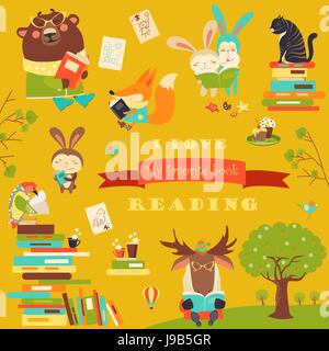 Set of cartoon animals reading books Stock Vector