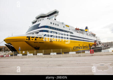 Corsica Ferries' cruiseferry Mega Andrea operates between Toulon and ports in Corsica and Sardinia. The vessel is 551 feet long with a large capacity. Stock Photo