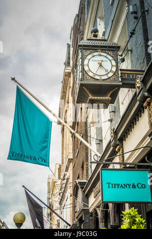 Closeup of clock face outside Tiffany & Co flagship store on New Bond Street, London, England, UK Stock Photo