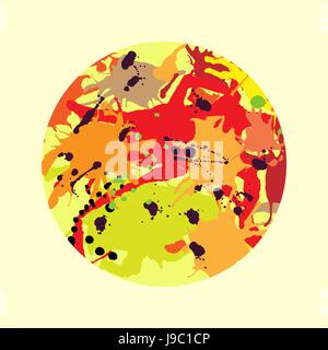 Red orange maroon artistic ink splashes vector background. Greeting card or invitation template with round frame Stock Vector