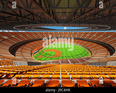 3D render of baseball stadium with orange seats, VIP boxes and floodlights for hundred thousand people Stock Photo