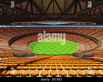 3D render of baseball stadium with orange seats, VIP boxes and floodlights for hundred thousand people Stock Photo